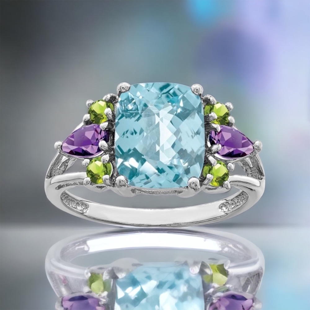 925 Sterling Silver Rhodium Light Swiss Blue Topaz, Amethyst and Peridot Ring